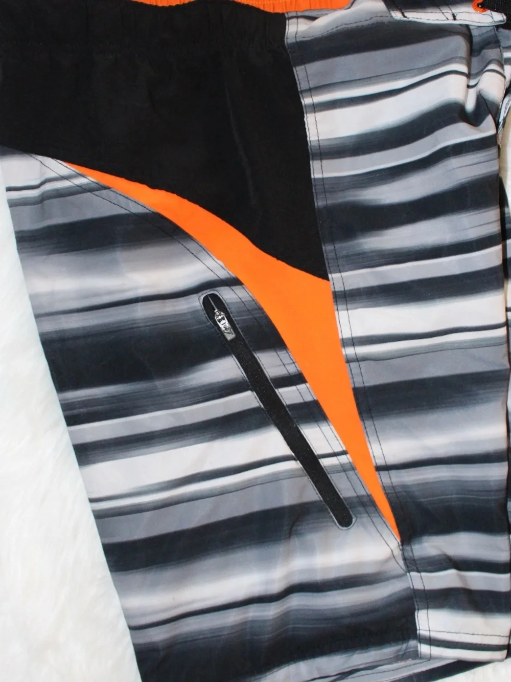 ZeroXPosur  Gray & Black Striped Swim Trunks with Orange Accents